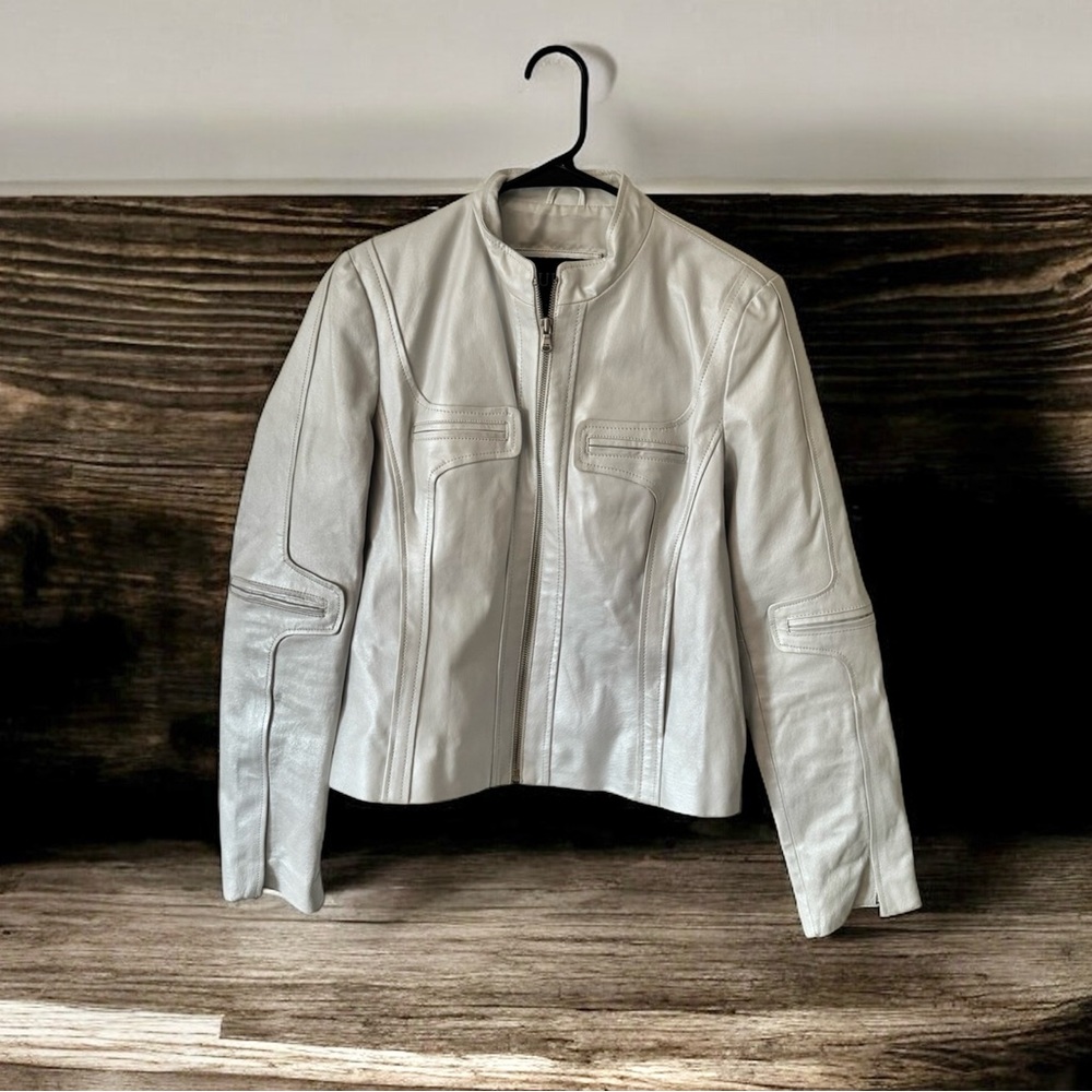 Y2K GUESS Moto white leather jacket M